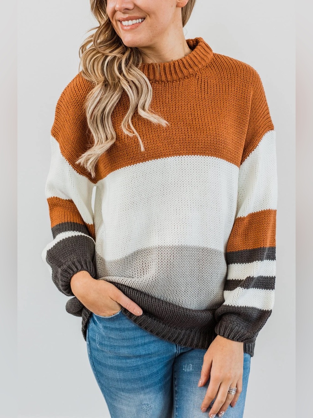 Striped Crewneck Sweater in Rust, Cream & Gray - Picture 1 of 4